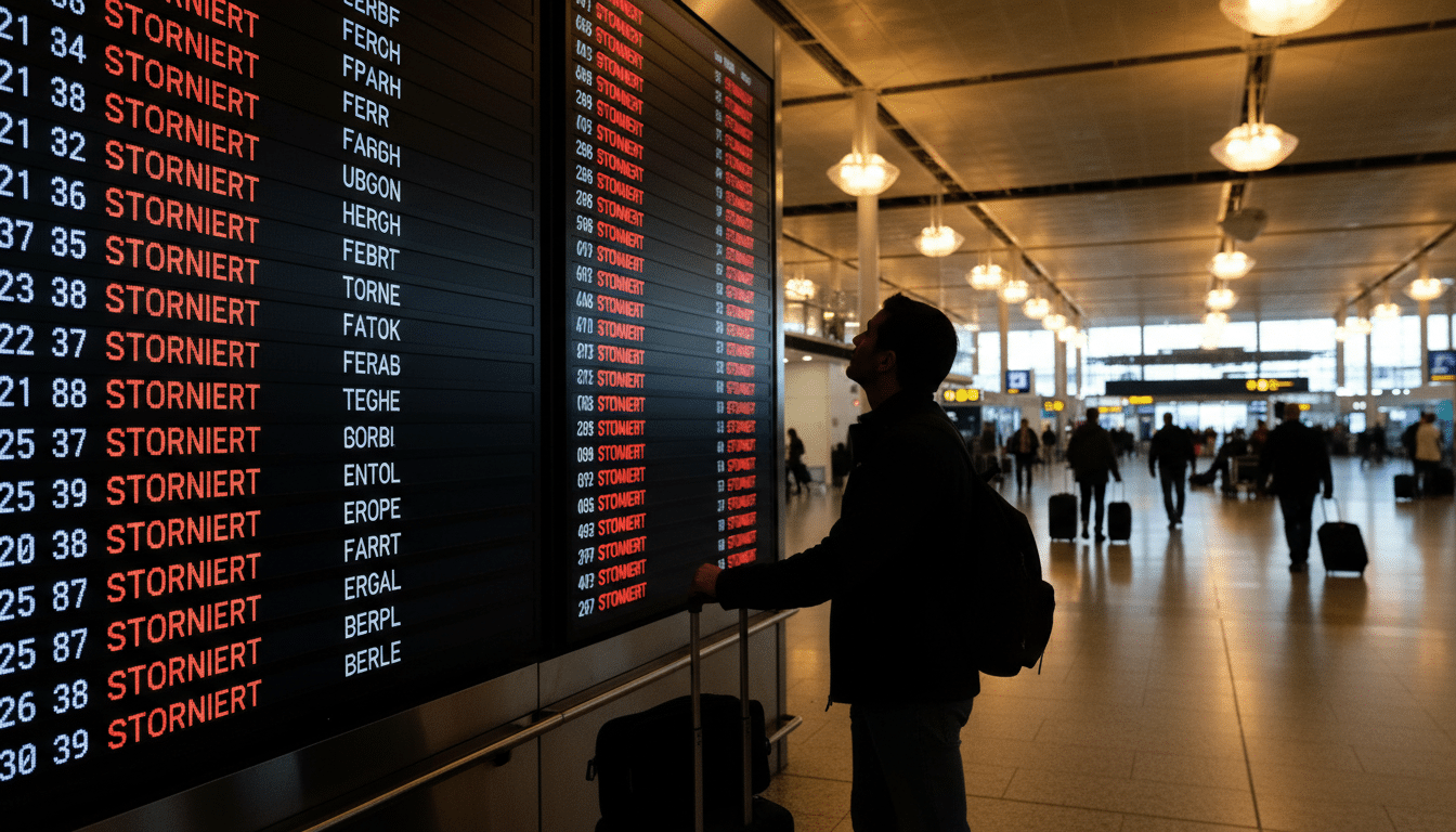 Tableau de départs avec vols annulés à Francfort