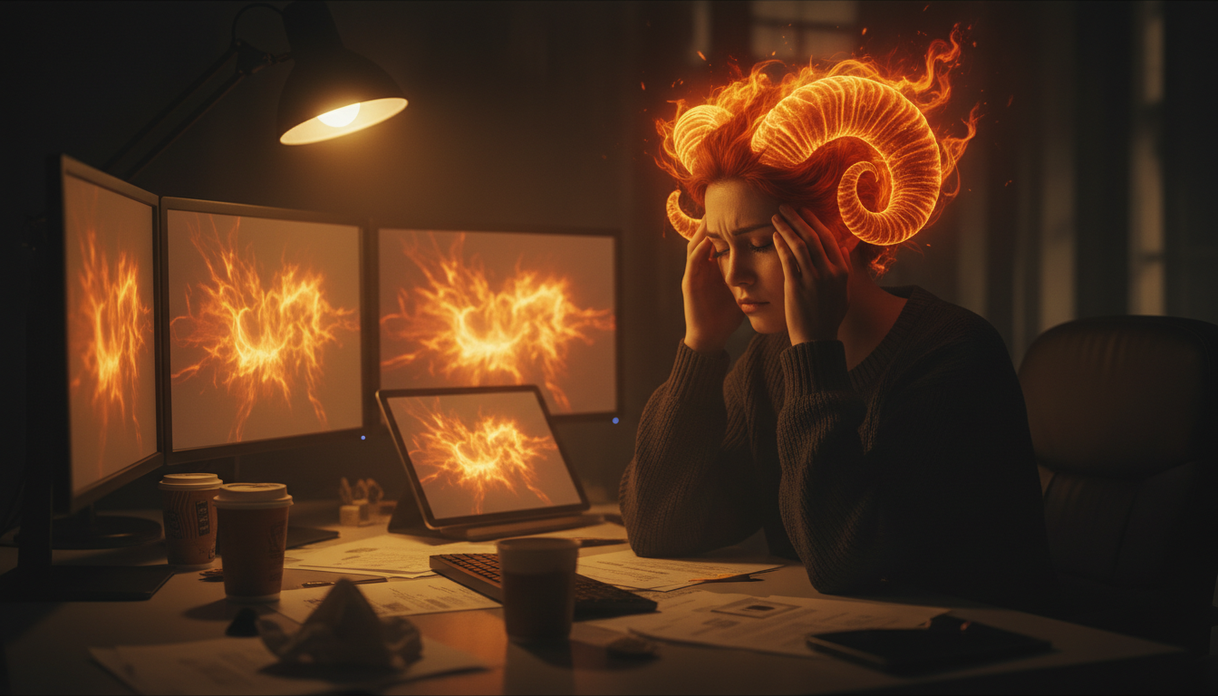 Personne fatiguée devant des écrans dans une lumière dorée