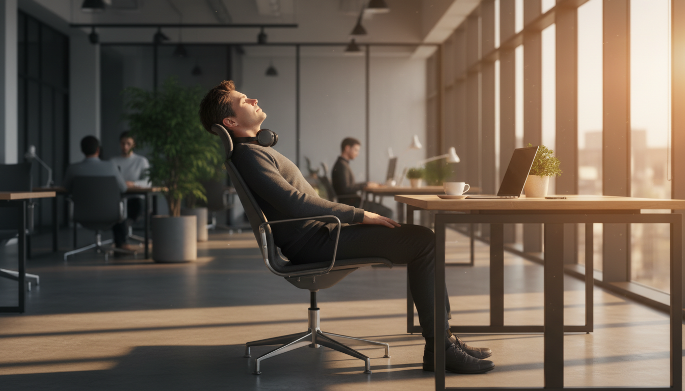 Pause contemplative au bureau baignée de lumière orangée