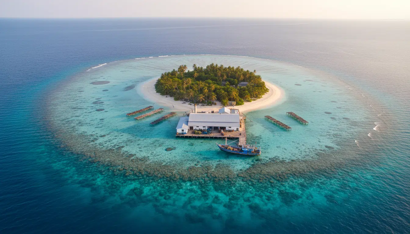 Vue aérienne de l'île de Kooddoo aux Maldives