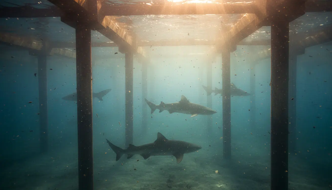 Requins nageant sous l'eau près d'une zone industrielle