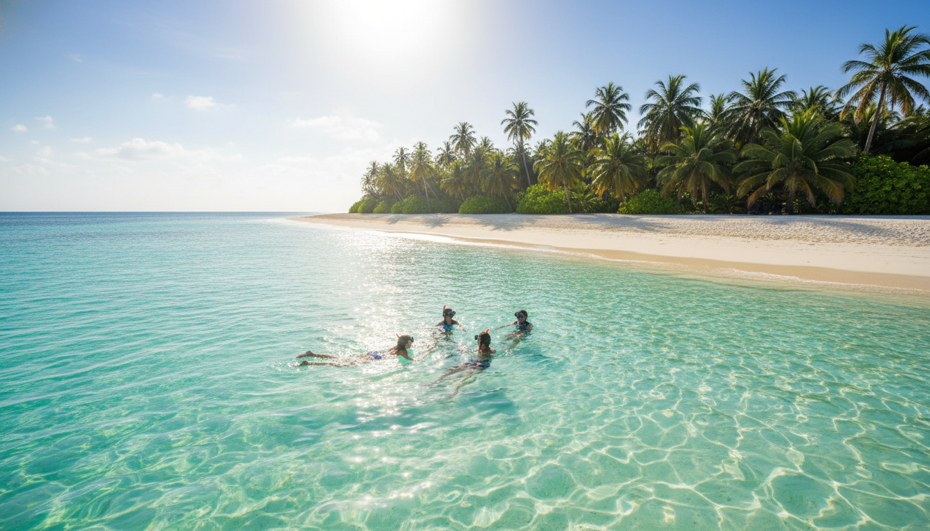 Touristes nageant dans les eaux turquoise des Maldives