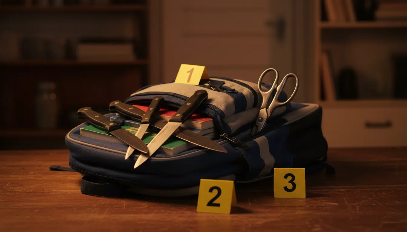 Couteaux et ciseaux découverts dans le sac de l'agresseur