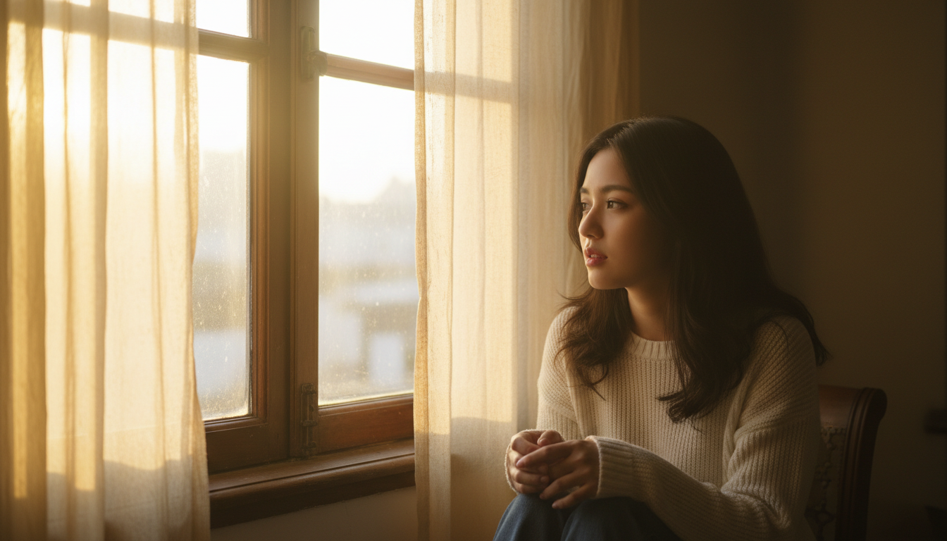 Jeune femme observant le soleil à travers une fenêtre