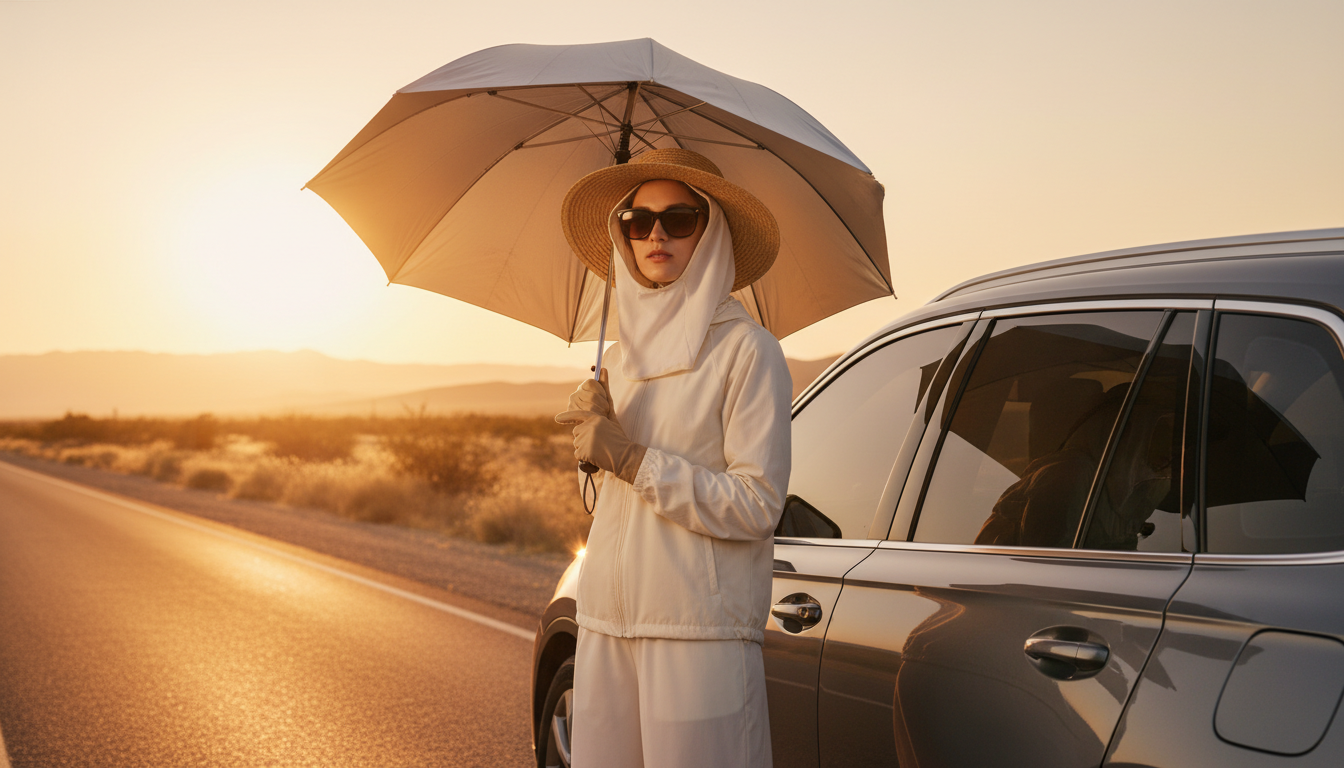 Femme protégée des UV avec vêtements et parapluie solaire
