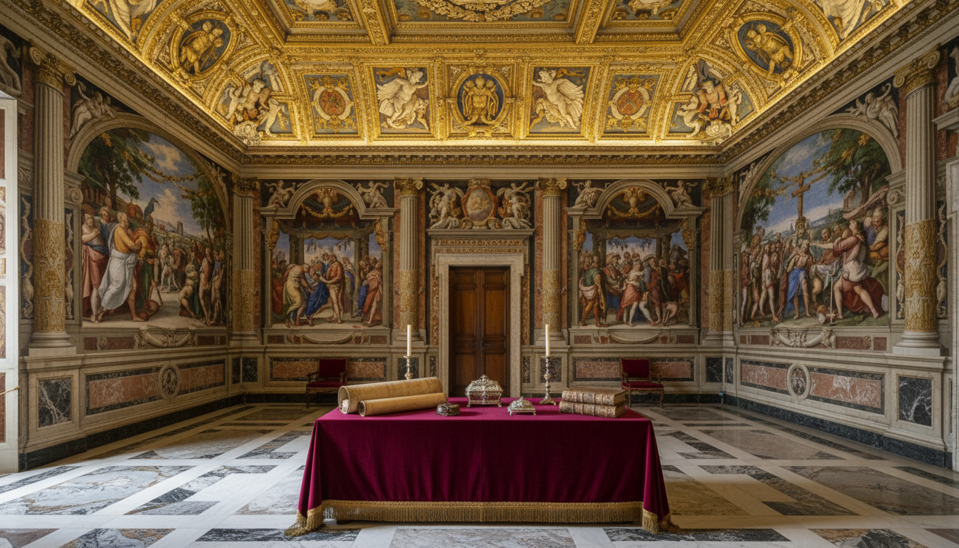 Salle d'apparat du palais apostolique du Vatican avec des cadeaux diplomatiques disposés sur une table, dont une carte ancienne et des livres reliés