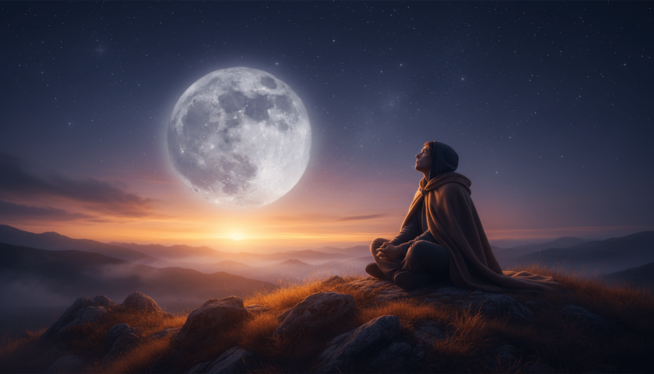 Personne contemplant la pleine lune au crépuscule