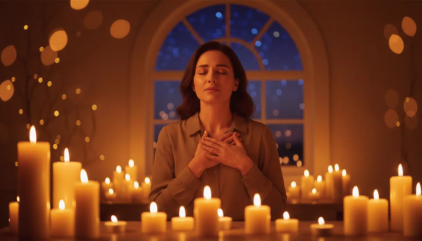 Femme en introspection à la lumière des bougies