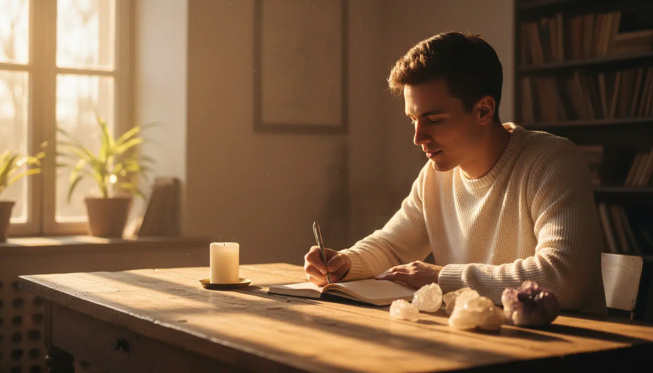 Homme écrivant dans un journal à l'aube dorée