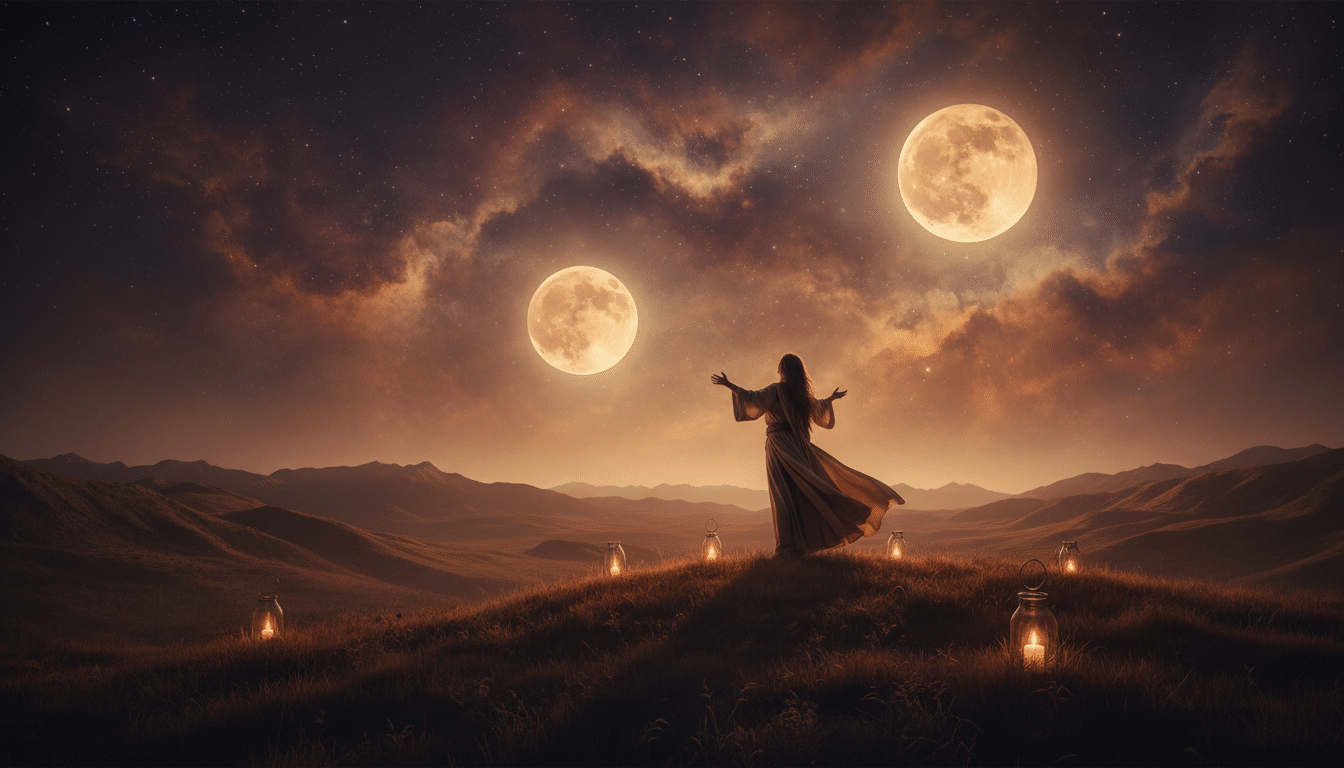 Double pleine lune dans un ciel étoilé mystique