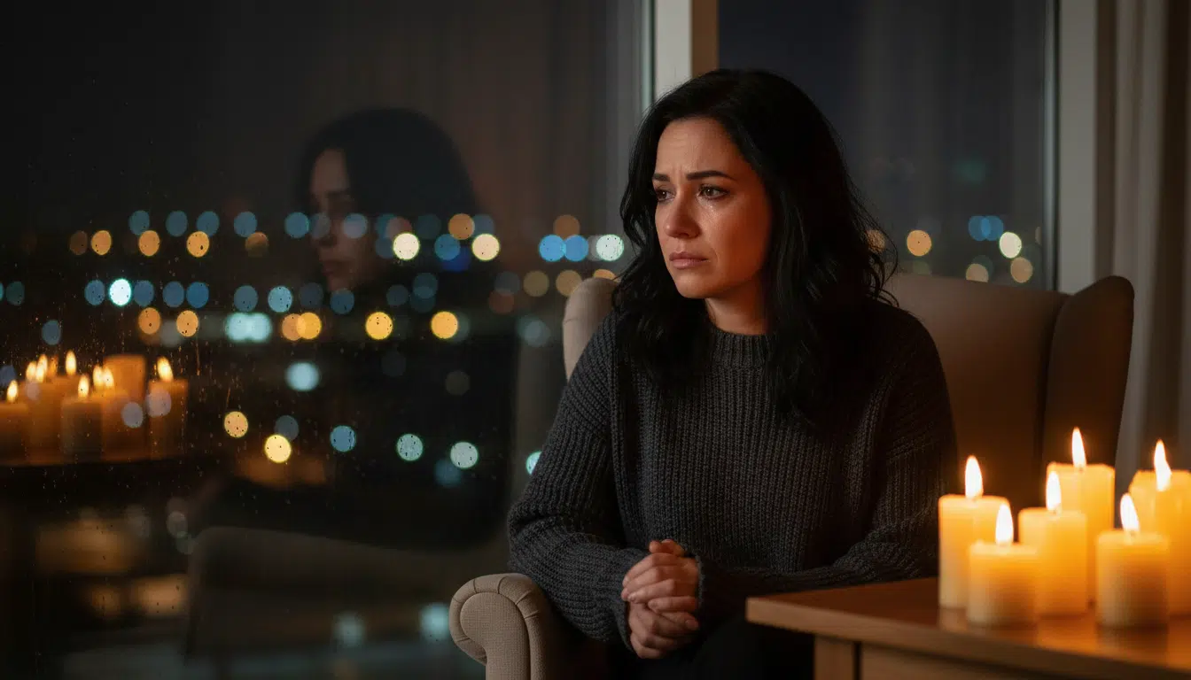 Femme pensive éclairée par des bougies la nuit