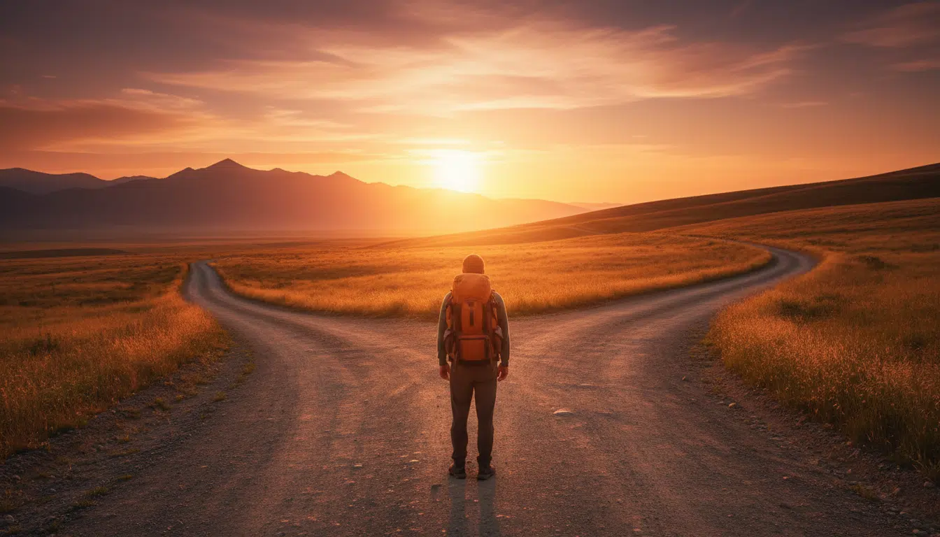 Personne à un carrefour face au coucher de soleil