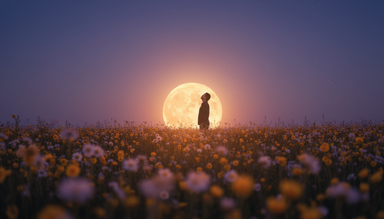 Personne observant la pleine lune dans un champ fleuri au crépuscule