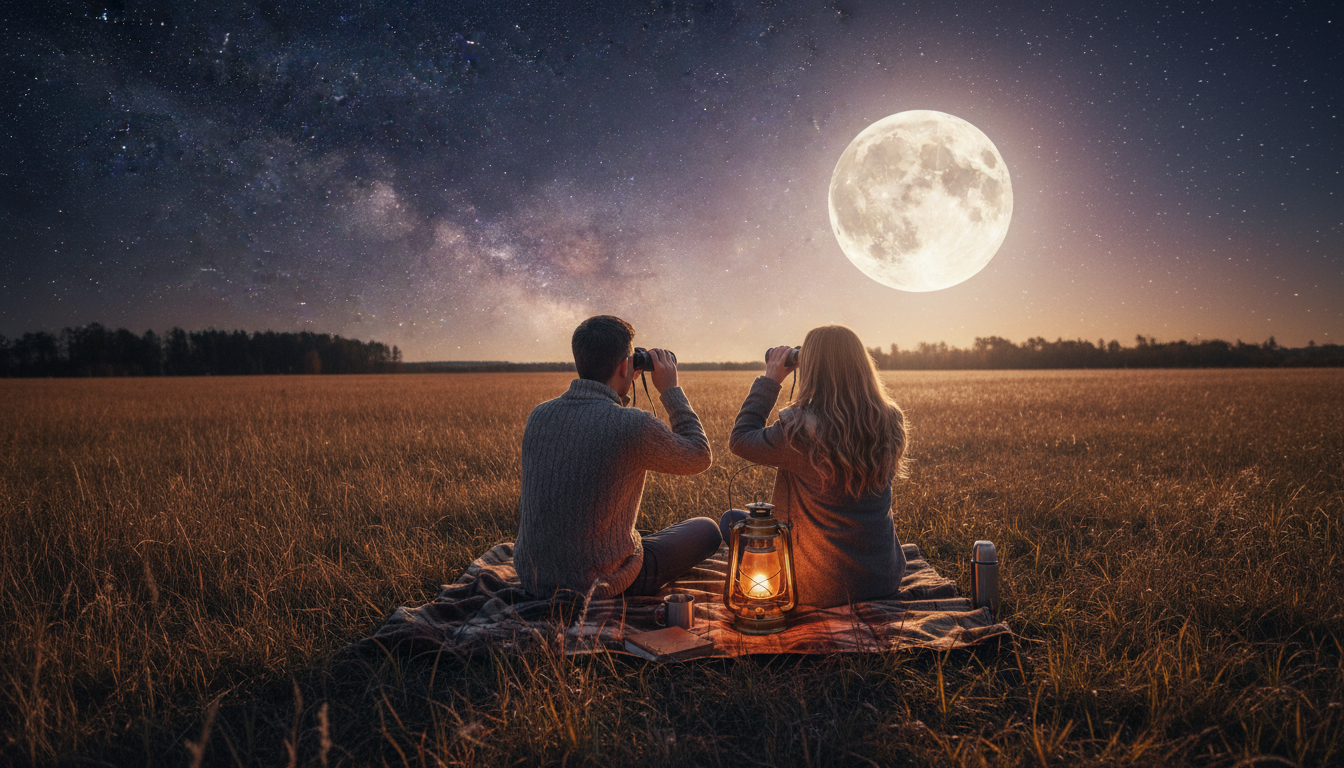 Couple observant la pleine lune aux jumelles dans la campagne