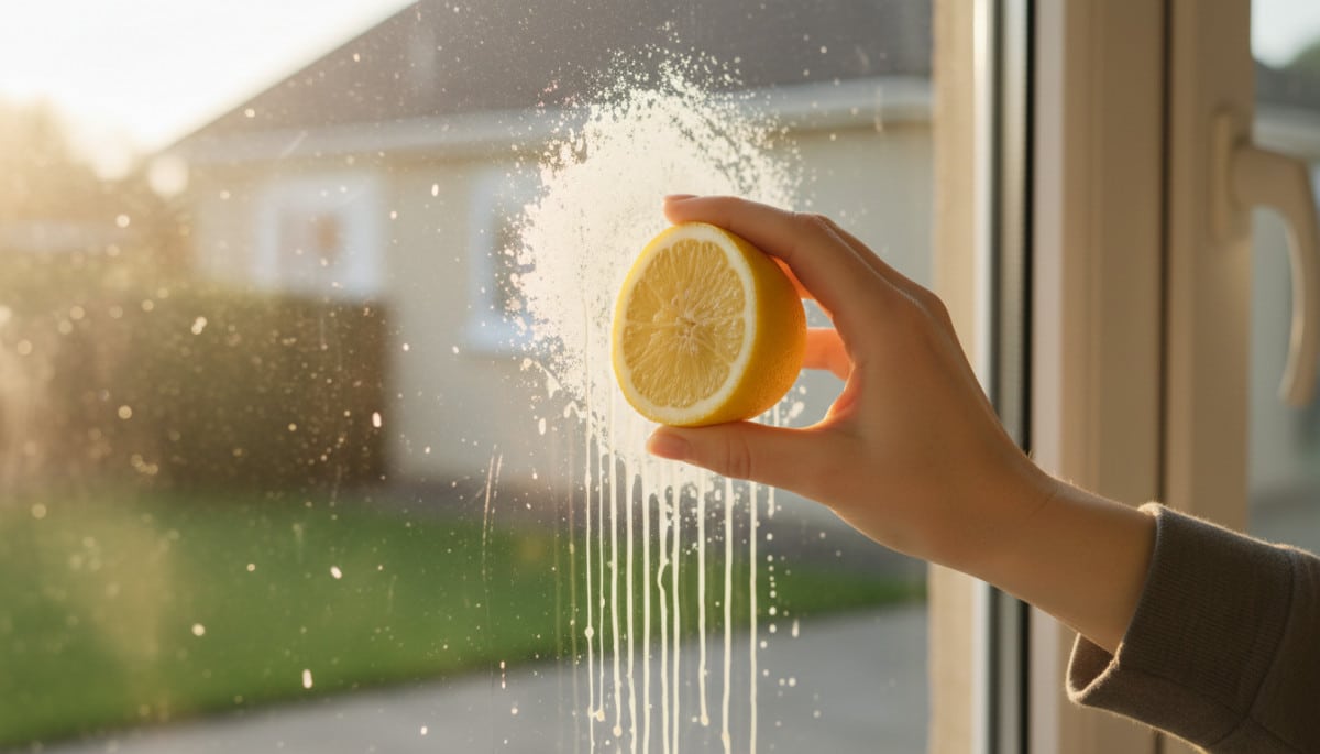 Main appliquant un citron sur une vitre calcaire de cuisine