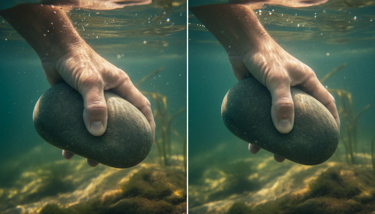 Main aux doigts ridés saisissant un objet mouillé sous l'eau