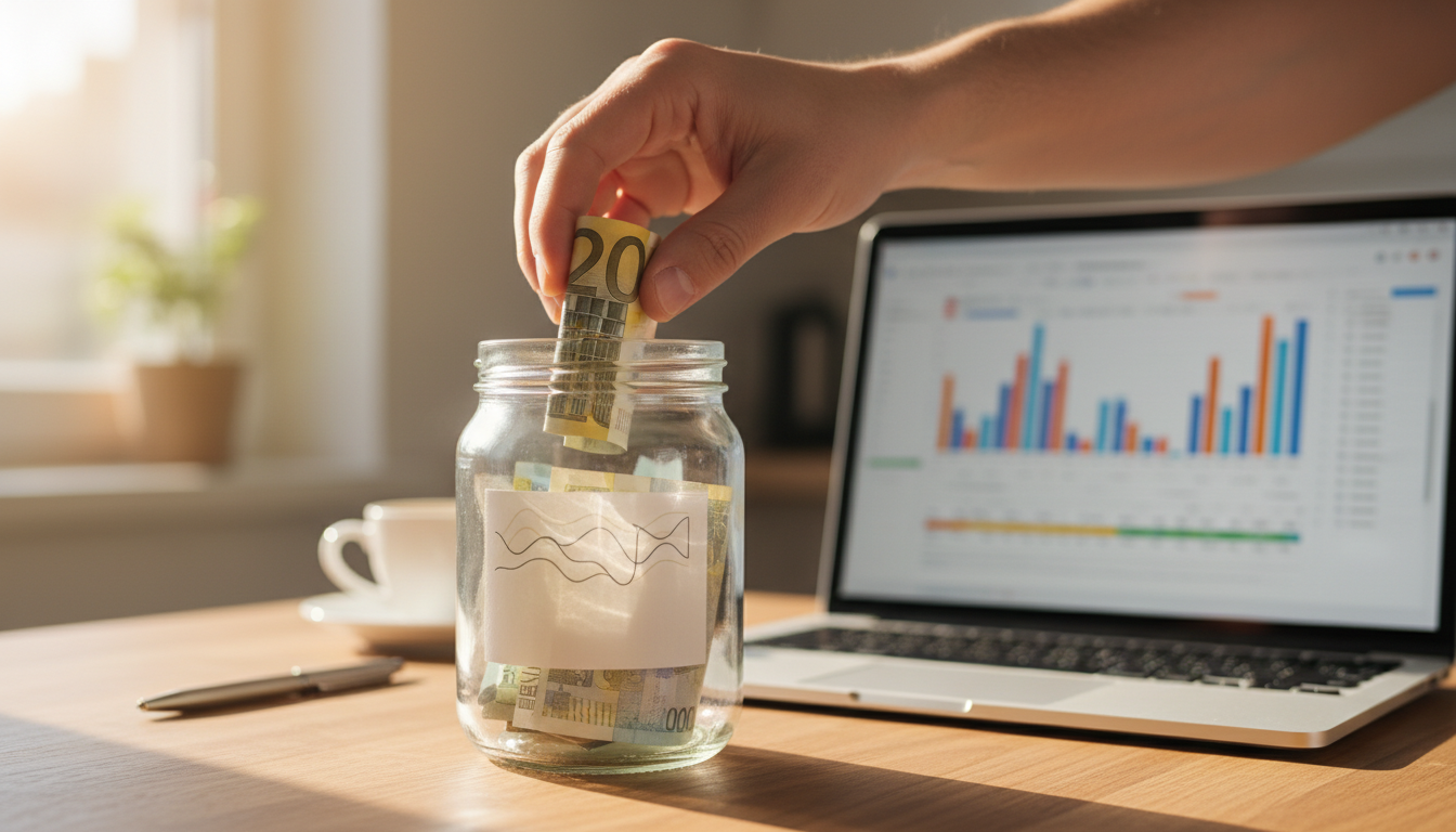 Main déposant des billets dans une tirelire d'épargne