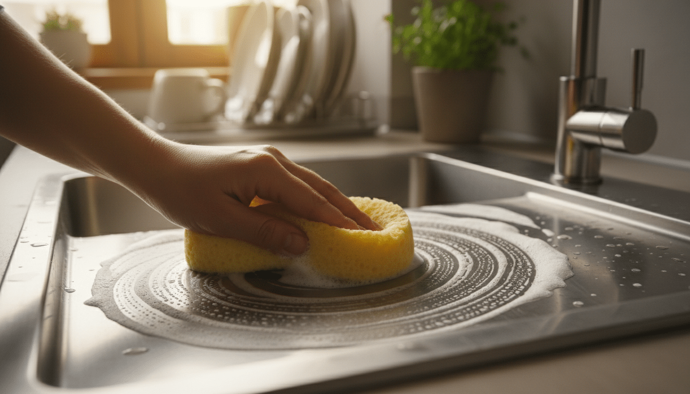 Main frottant un évier inox avec une éponge et du dentifrice