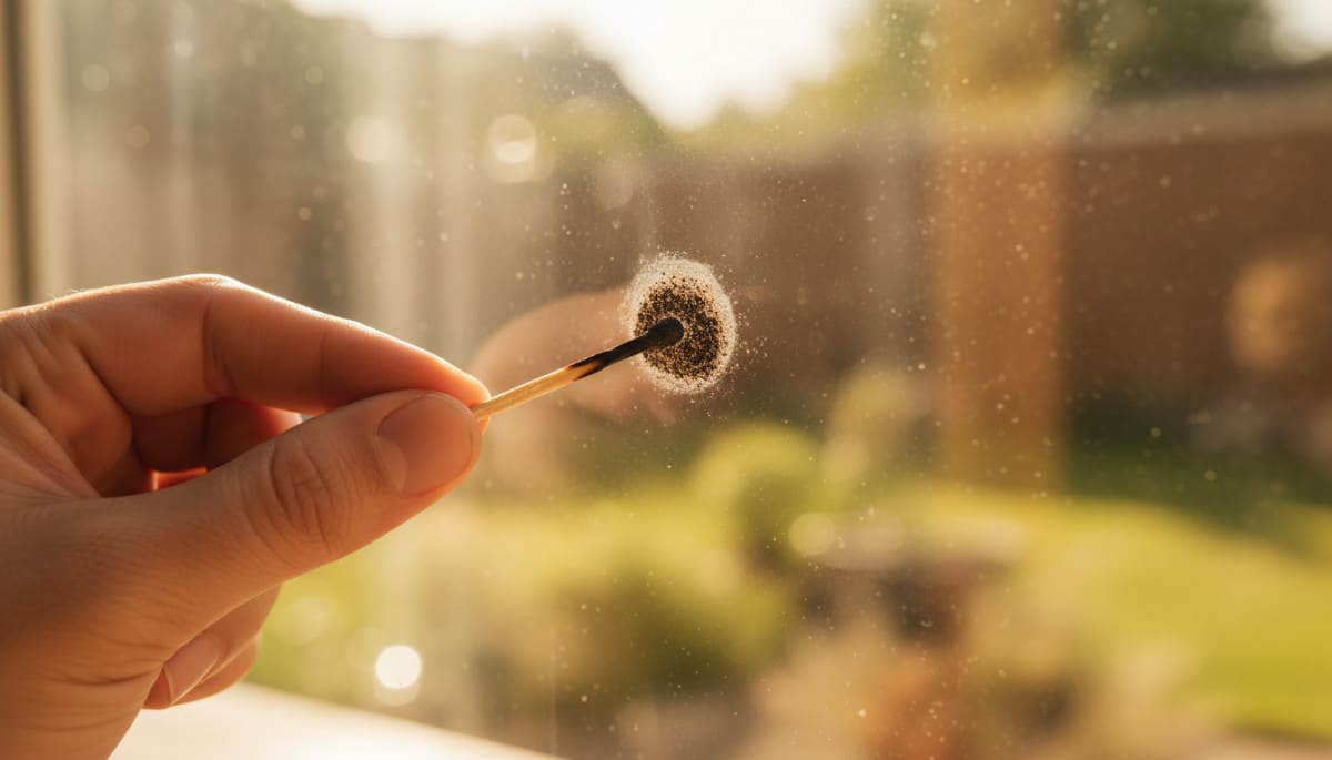 Main frottant une tête d'allumette carbonisée sur une vitre