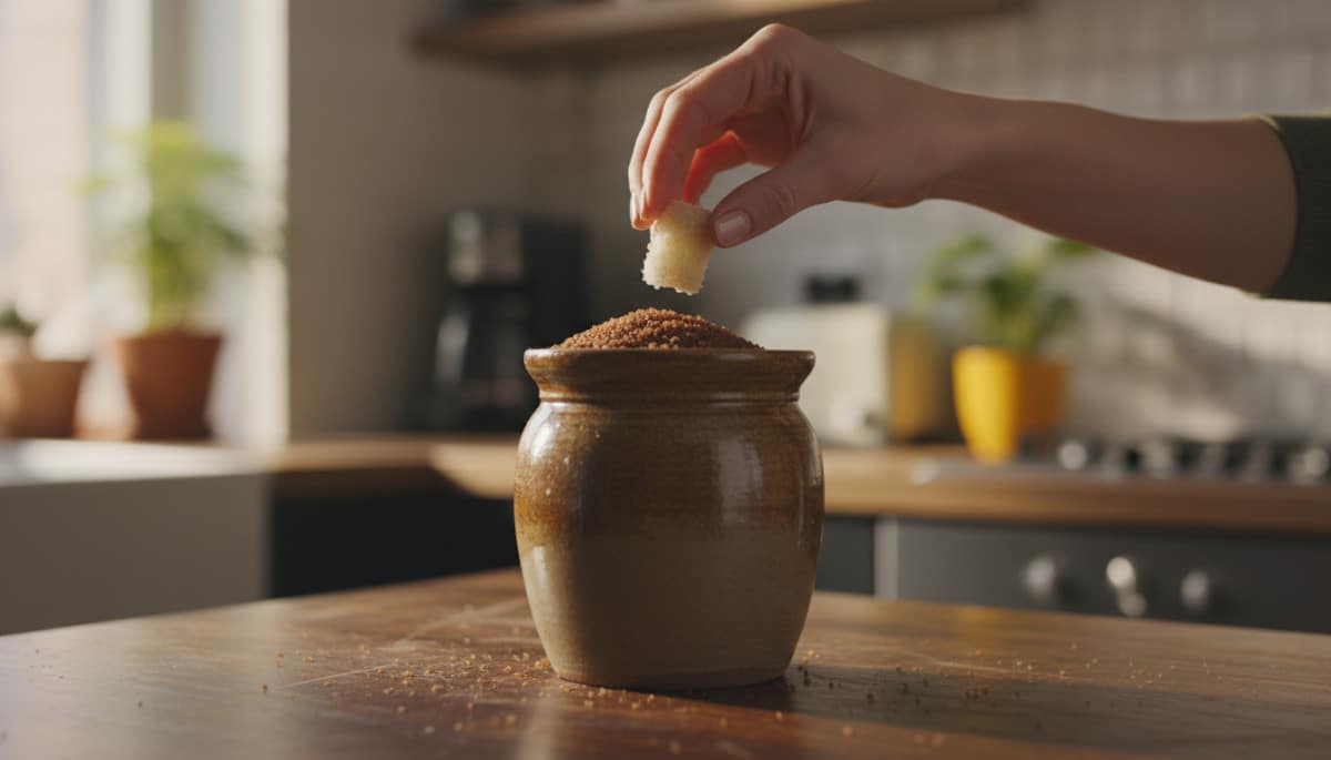 Main glissant un morceau de pain dans un pot de cassonade