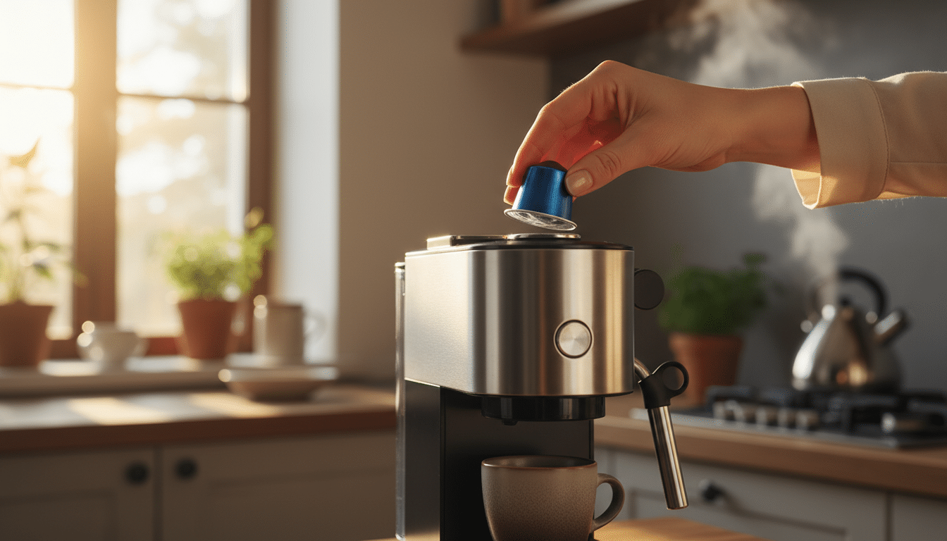 Main insérant une capsule Nespresso dans une machine à café