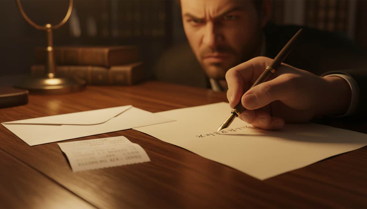 Main rédigeant une lettre recommandée au propriétaire