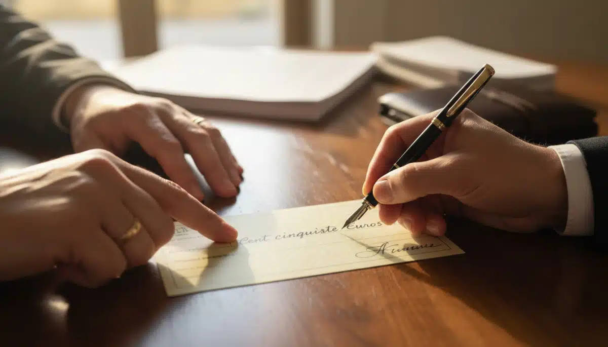 Main signant un chèque français en bas à droite avec un stylo
