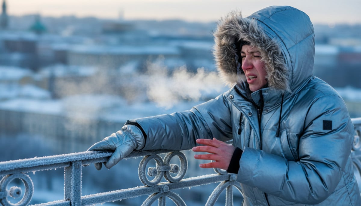 Main sur métal froid en hiver