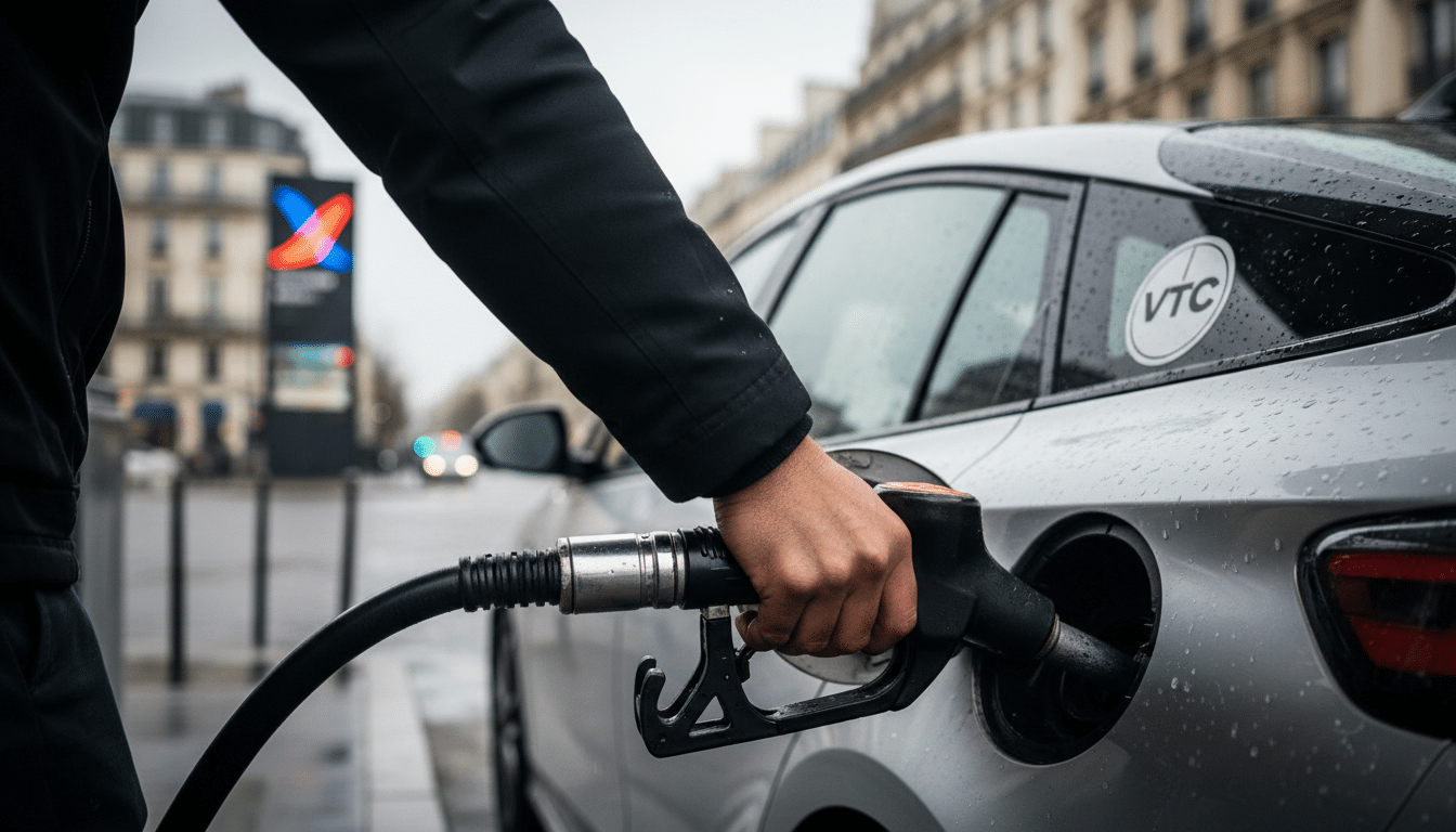 Main tenant une pompe à essence devant un véhicule VTC