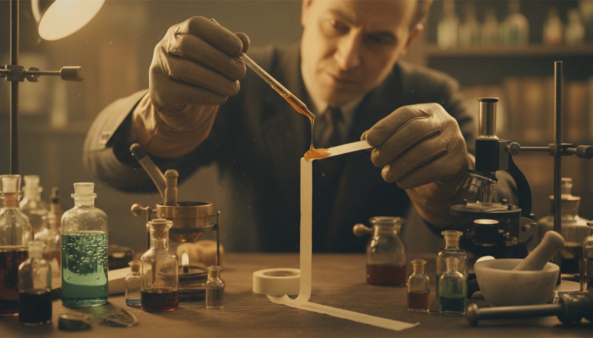 Mains appliquant colle sur bande de papier en laboratoire vintage