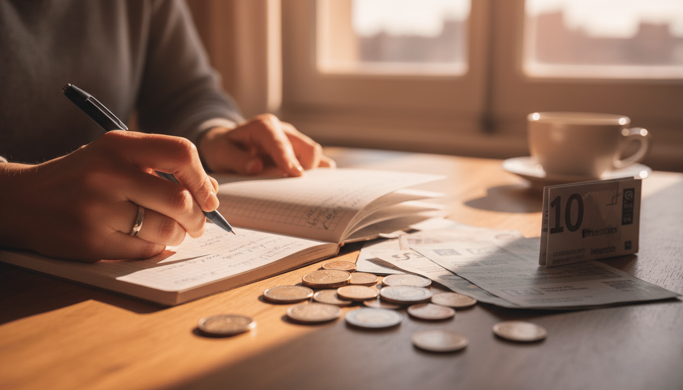 Mains comptant des euros et des factures sur une table