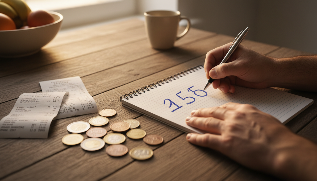 Mains écrivant un budget avec des pièces de monnaie