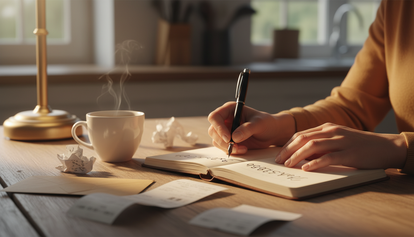 Mains féminines calculant un budget mensuel avec des factures