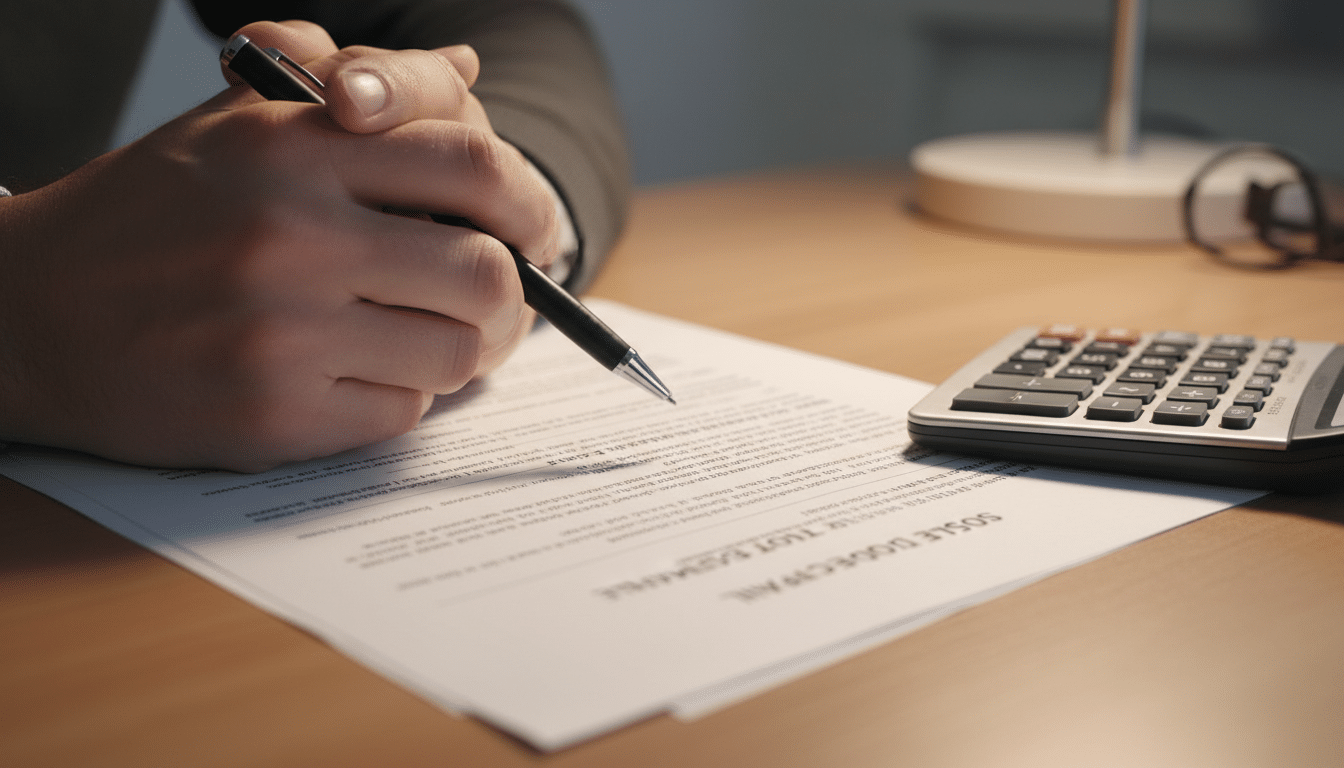 Mains lisant un solde de tout compte avant signature