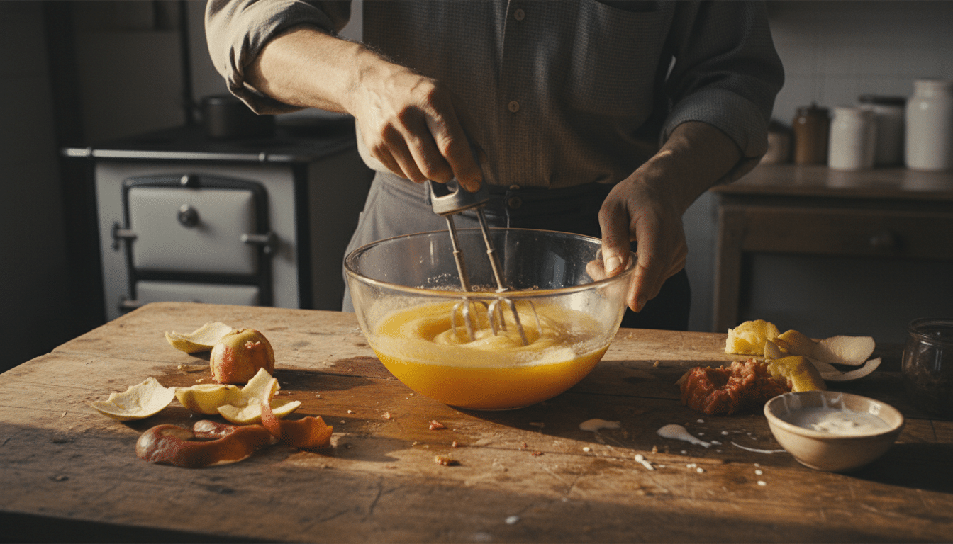 mains mélangeant liquide orange avec épluchures de fruits