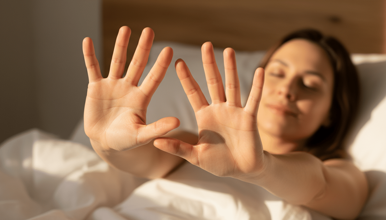 Mains qui s'étirent au réveil dans la lumière matinale
