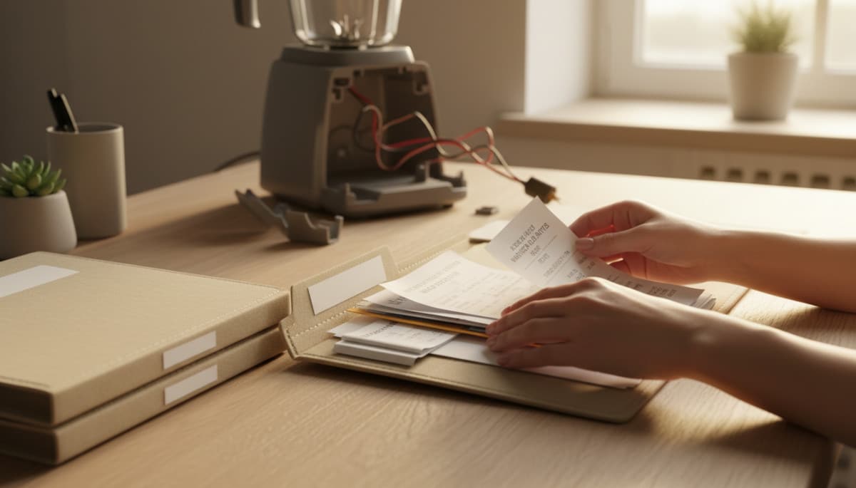 Mains rangeant des factures et documents de garantie
