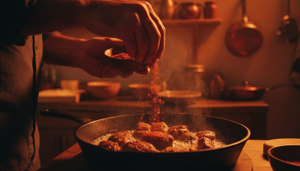 Mains saupoudrant du piment rouge sur une poêle en fonte