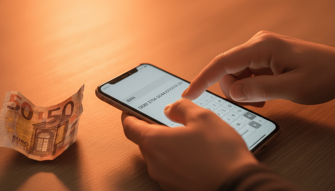 Mains tapant IBAN virement bancaire smartphone