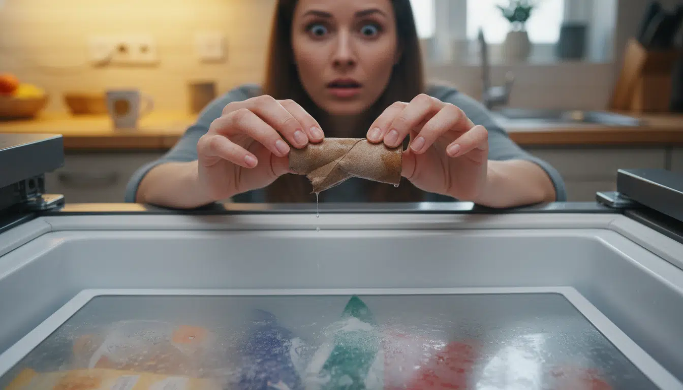 Mains tenant un rouleau de papier toilette mou sorti du congélateur