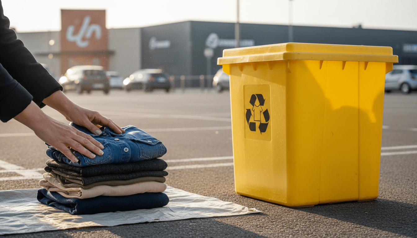 Mains triant des vêtements près d'une boîte de collecte