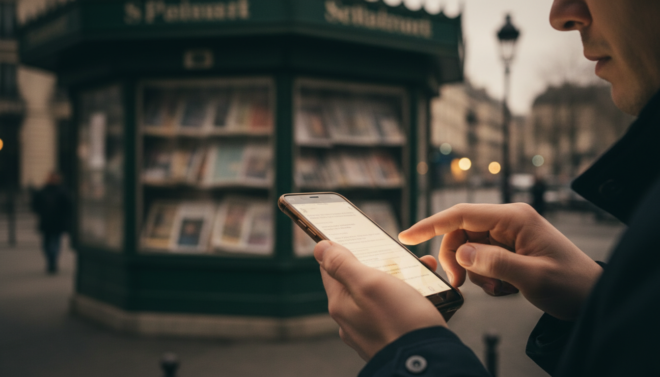 Mains utilisant un smartphone, kiosque à journaux flou en arrière-plan