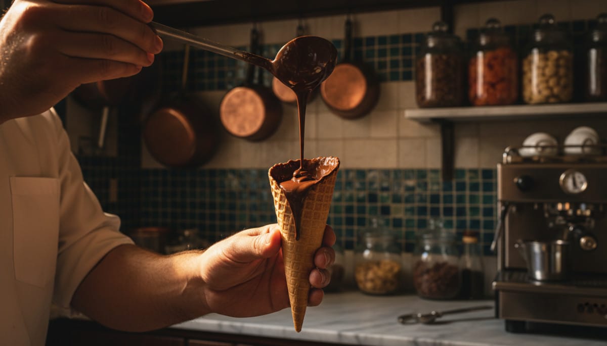mains versant du chocolat dans un cornet gaufrette