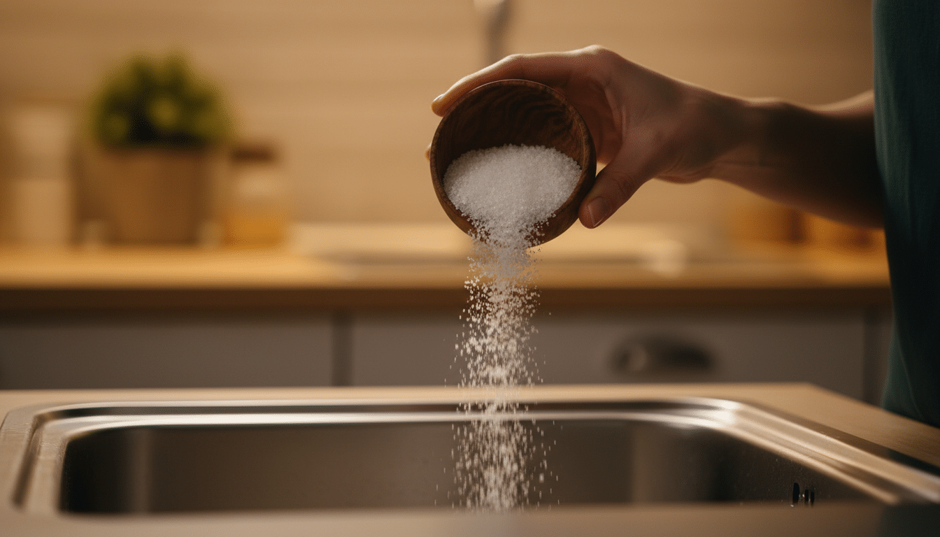 Mains versant du gros sel dans la bonde de l'évier