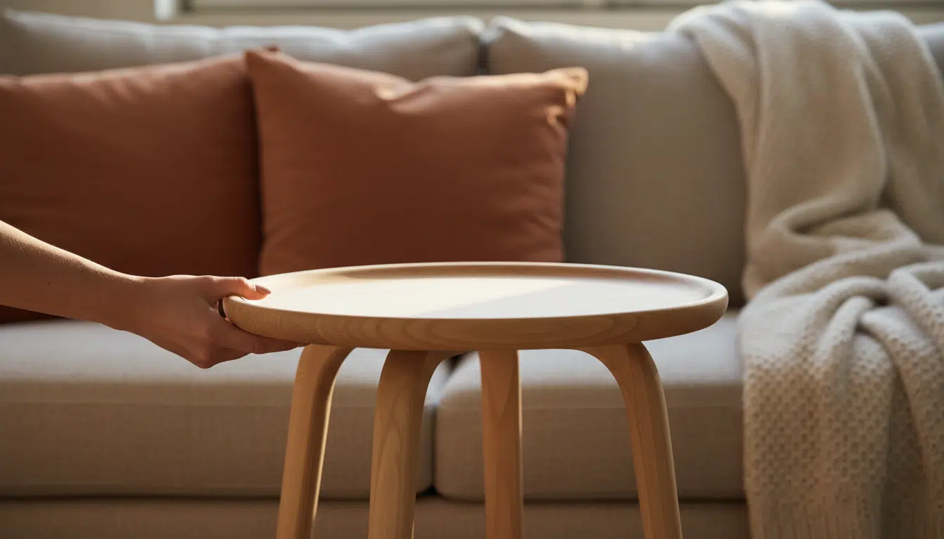 Bout de canapé en bois de paulownia soulevé d'une main