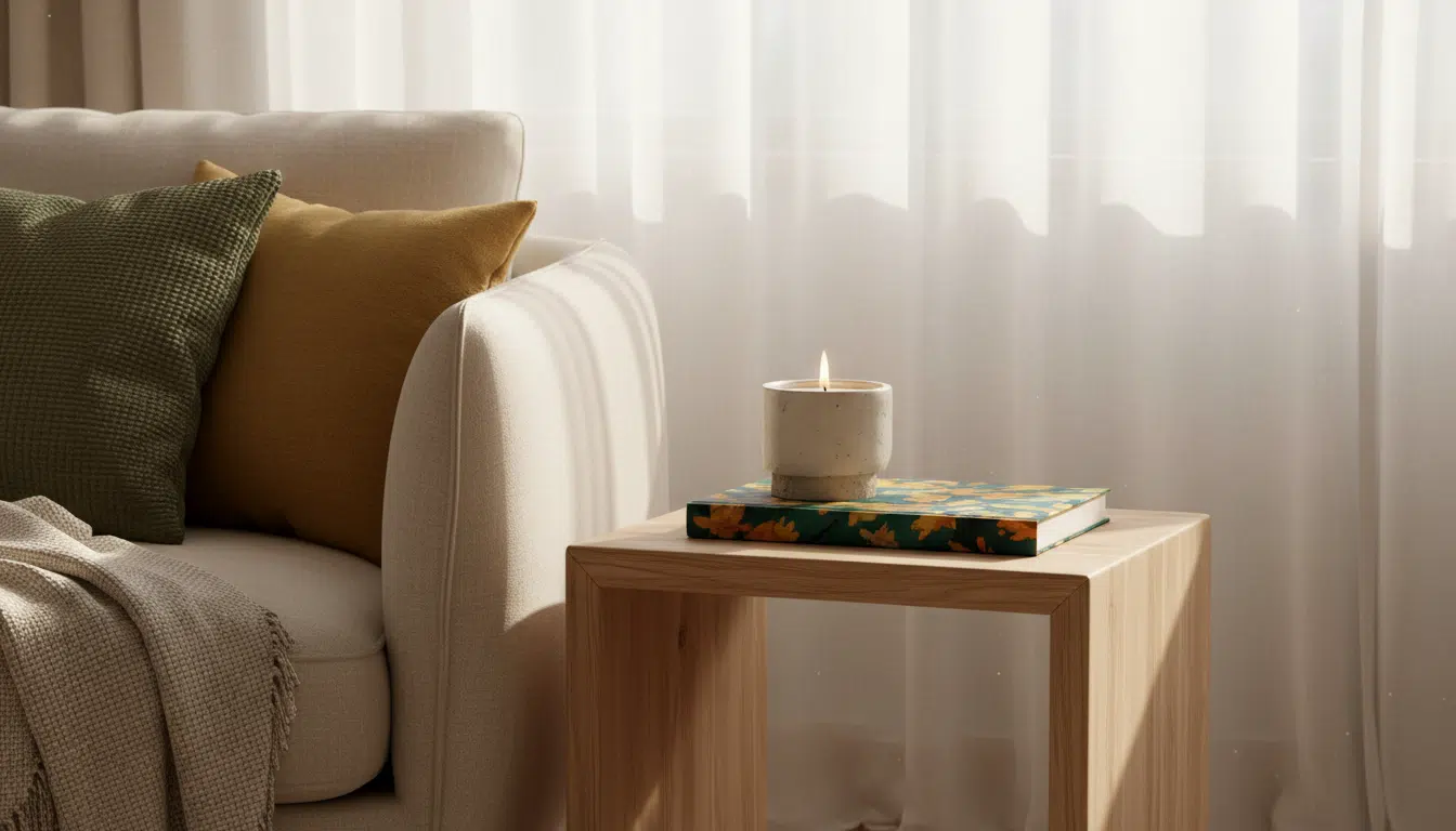 Bout de canapé MOUNA décoré avec bougie et livre