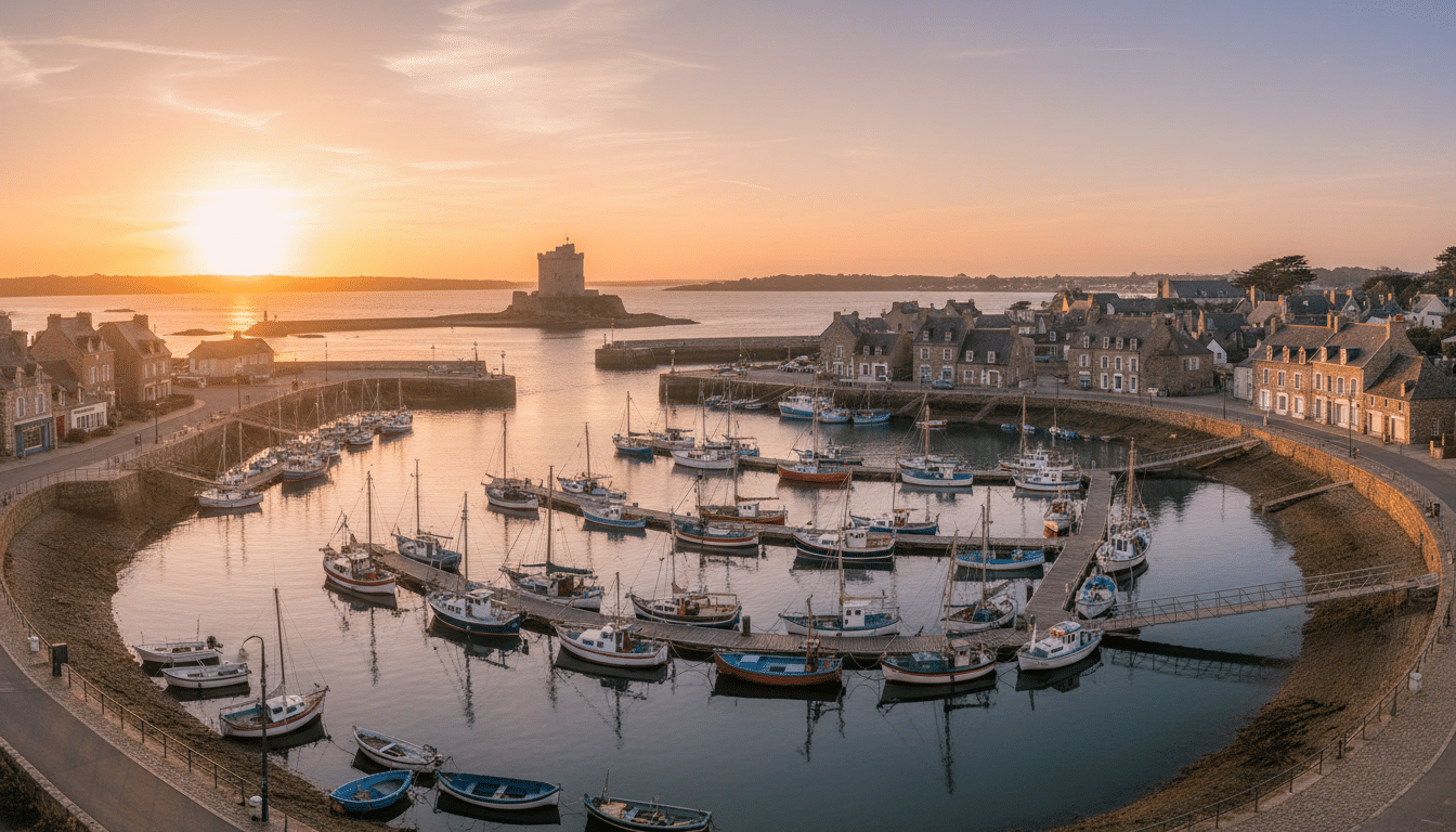 Port de Saint-Vaast-la-Hougue dans la Manche au coucher du soleil