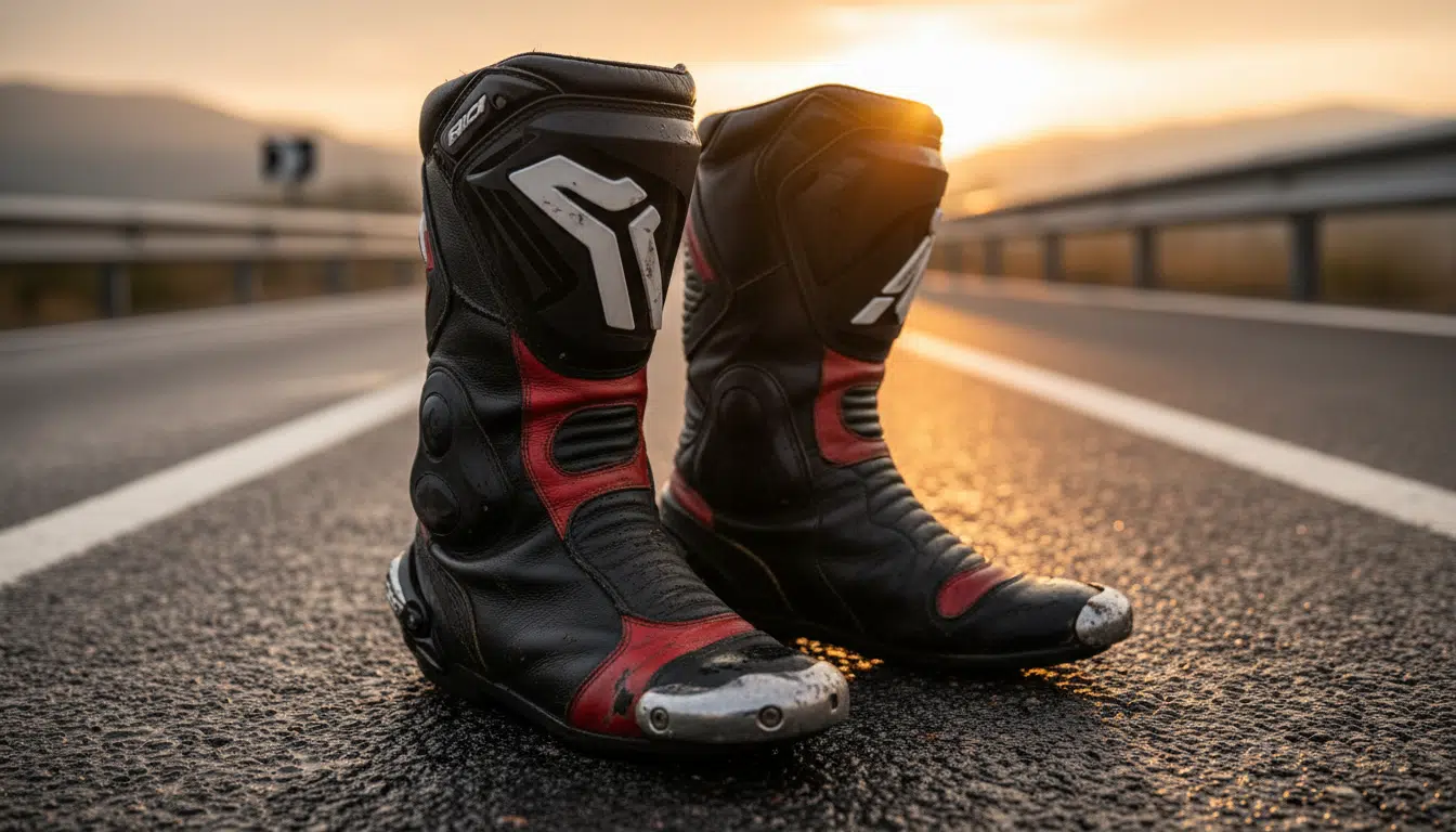 Bottes de moto en cuir usées sur le bitume d'un marathon