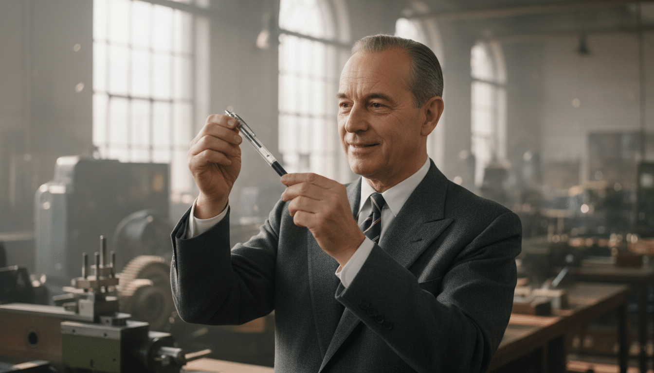 Marcel Bich tenant le premier stylo Bic Cristal en usine