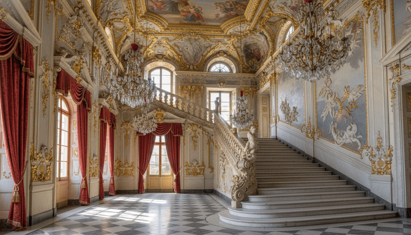 Intérieur d'un palais royal baroque à Naples, décors dorés et escalier de marbre, héritage des Bourbon des Deux-Siciles